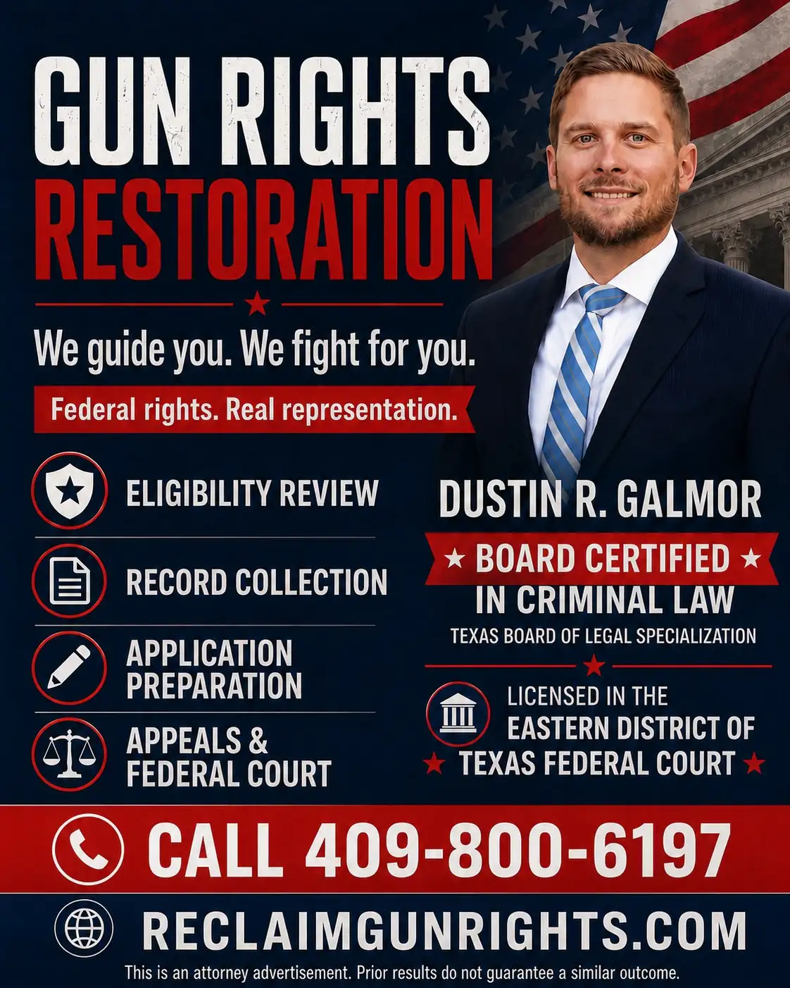 "Attorney Dustin Galmor in suit and tie with American flag and Supreme Court background, South East Texas."